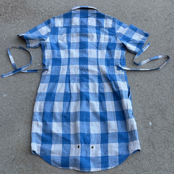 Pendleton Linen Cotton Dress Medium Blue Check Plaid Belted Short Sleeve Pockets - Picture 3 of 9